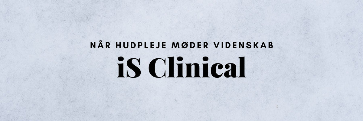 Udvalg af iS Clinical hudplejeprodukter i blå emballage