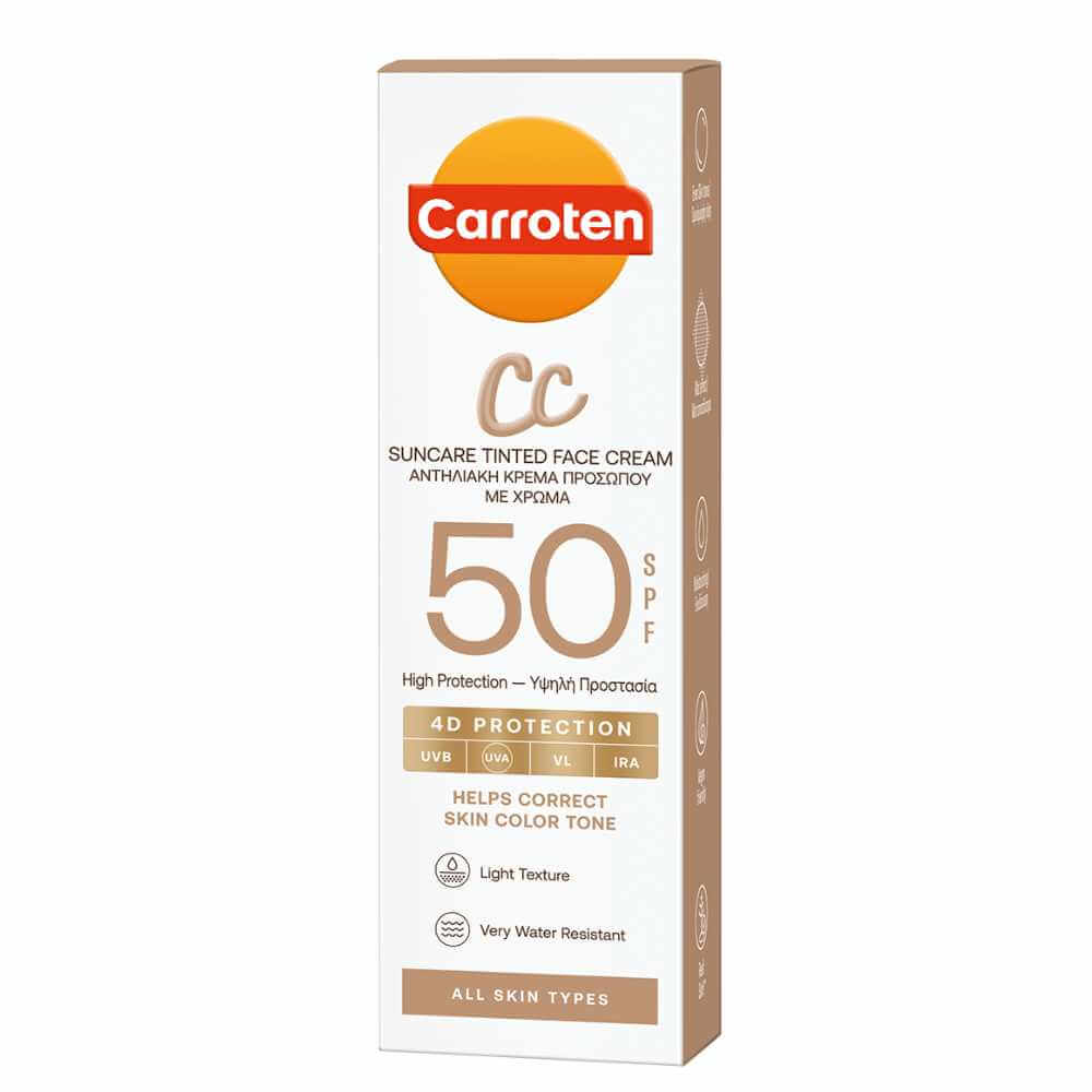 Carroten CC Suncare Tinted Face Cream med SPF50: Alt-i-Ét Produkt: Solbeskyttelse, Dagcreme samt Foundation