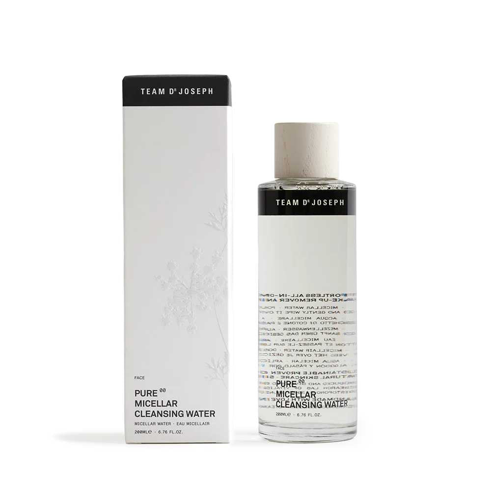 Pure Micellar Cleansing Water fra Team Dr. Joseph – Alt-i-en Rens til Effektiv og Skånsom Hudpleje. Fuld størrelse i 200 ml.